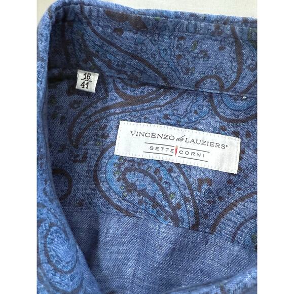 Vincenzo De Lauziers Men's Blue Paisley 100% Linen Shirt Size US16 41 Italy(07) - Picture 2 of 10